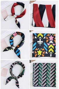 Three elegant patterned silk scarves shown in knotted styles and flat layouts