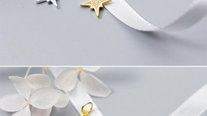 Vue macro de pendentifs étoiles en zircon brillants en finitions or et argent avec rubans