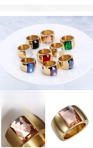 Close-up of wide gold-plated titanium steel ring with a faceted rectangular gemstone inlay