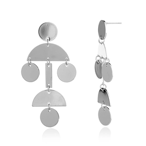 Detail of silver long geometric drop earrings with circular linked metal elements