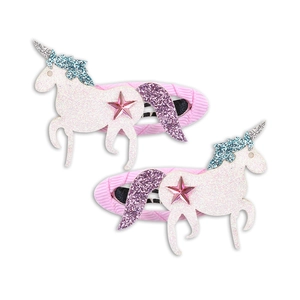 Set di due fermagli per capelli a forma di unicorno rosa glitterato con criniera viola