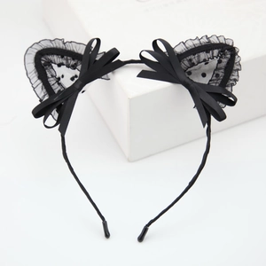 Cute black lace cat ear headband with polka dot mesh and satin ribbon bows