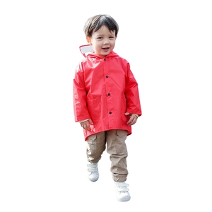 Red hooded cartoon dinosaur raincoat for kids with waterproof coating on white background
