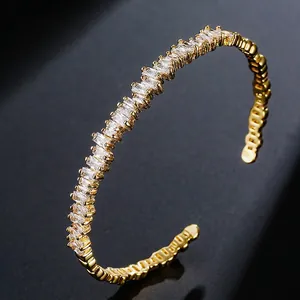 Geometric Irregular Baguette Zirconia Open Cuff Bangle For Women Copper Plated Gold Silver Rhinestone Fashion Jewelry Gift