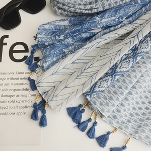 Bohemian blue and white printed cotton linen scarf with tassels and geometric patterns