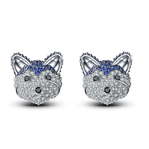 Cute raccoon stud earrings in 925 silver with sparkling white and blue zircon stones