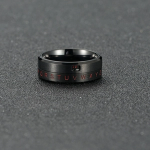 Macro shot of rotatable black titanium steel ring with red letters and number 18 window