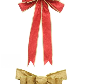 Detail of red and gold glitter Christmas bows for festive tree decoration