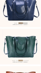 Vue détaillée du cuir ciré rétro sur de grands sacs cabas en bleu marine et vert foncé