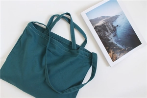Detailed top view of a dark teal canvas tote bag with dual handles and long shoulder strap