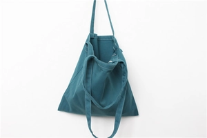 Close-up of teal canvas tote bag with white contrast stitching and durable shoulder strap