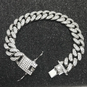 Silver 18K white gold plated 12mm Cuban link bracelet with full iced out rhinestones