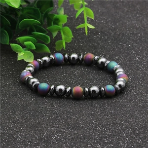 8mm hematite and colorful frosted stone beaded bracelet on black textured background