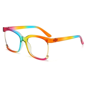 Rainbow gradient large frame glasses with gold metal accents and clear anti-blue lenses