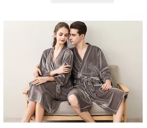 Detail of grey velvet couple robes with contrast piping and kimono collar design