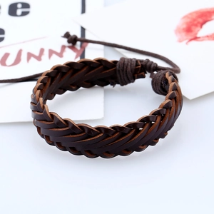 Vintage braided dark brown leather multi-layer bracelet with adjustable drawstring closure