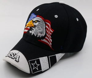 Detail of USA embroidery with eagle and American flag on black baseball cap