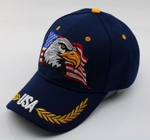 Detailed embroidery of a bald eagle and American flag on a navy blue cotton baseball cap