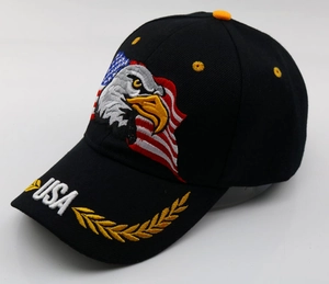 Detail of eagle and USA flag embroidery on a black cotton baseball cap for men
