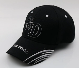 Detailed embroidery of SD letters and San Diego text on a black cotton baseball cap