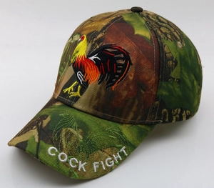 Detail view of woodland camouflage baseball cap with rooster and Cock Fight embroidery
