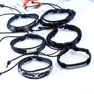 Retro multi-layer black braided leather bracelet set for men with skull and metal charms