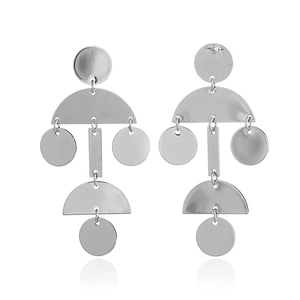 Detailed view of silver geometric long drop earrings with round and rectangular parts