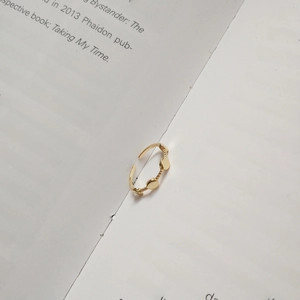 Detail of a minimalist gold ring with three small discs on an open artistic book