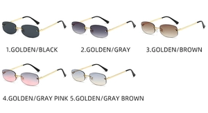 Five pairs of Y2K rimless sunglasses with gold metal temples in various gradient lens colors