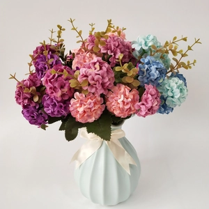 Artificial Hydrangea Pompon Chrysanthemum Bouquet Satin Fabric Plastic Home Wedding Party Decoration Oil Painting Style