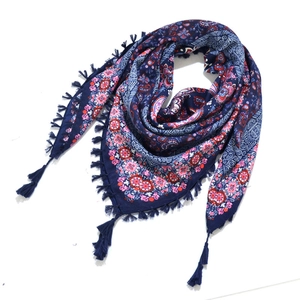 Bohemian paisley scarf in navy blue with colorful jacquard pattern and knotted tassels