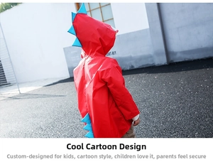 Detail view of red kids cartoon dinosaur raincoat with blue back fins and hood