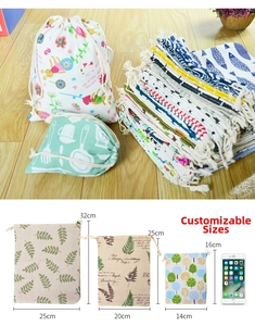 Three sizes of floral cotton linen drawstring storage bags with dimensions 32x25cm, 25x20cm, 16x14cm
