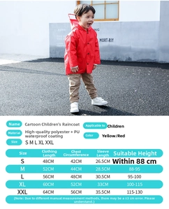 Size chart for cartoon dinosaur raincoat showing dimensions and height guide for children