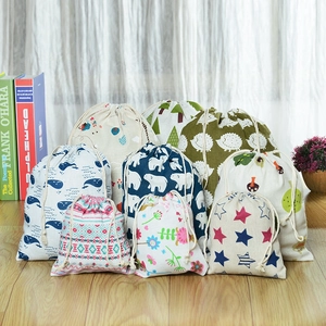 Patterned cotton linen drawstring storage bags in various sizes with nature prints