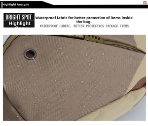 Détail du tissu camouflage imperméable avec gouttes d'eau sur un sac tactique robuste