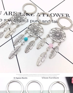 Detail view of alloy dreamcatcher keychains with colorful beads and metal feathers