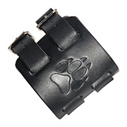 Detailed close-up of a black leather bracelet featuring embossed paw prints and twin buckles