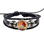 Detail of multi-layer leather bracelet with silver beads and Virgo zodiac sign charm