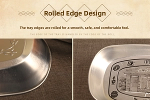 Close-up of rolled edge on vintage silver tin tray with coffee shop embossed patterns