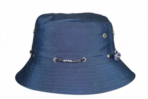 Detail view of breathable metal eyelets and adjustable Sport drawstring on bucket hat