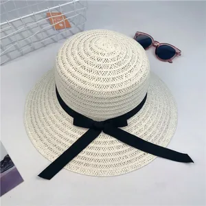 Cream straw sun hat with black ribbon bow for women, foldable beach summer vacation style