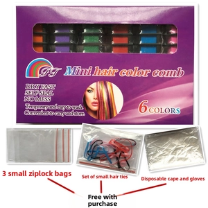 Temporary 6-color hair chalk comb set with disposable cap, gloves, and elastic bands