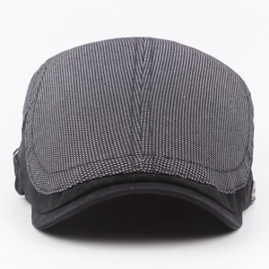 British style cotton flat cap with gray-black textured fabric and black brim for men