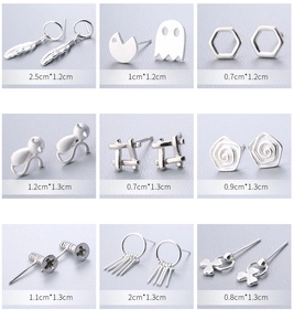 Set di nove orecchini a lobo minimalisti in argento con misure di dettaglio precise