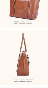 Détail de la texture en cuir ciré marron caramel et des coutures du sac cabas pour femme