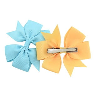 Sky blue and light orange grosgrain ribbon bow hair clips set with metal duckbill clips