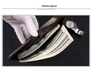 Detail view of the brown leather wallet interior with cash and card compartments