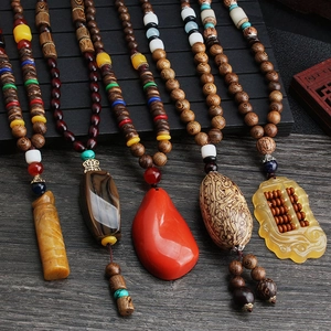Long Wood Bead Necklace Ethnic Vintage Pendant Retro Sweater Chain For Men Women Bodhi Resin Stone Accents