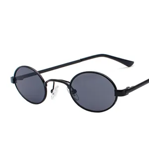 Vintage oval small frame sunglasses with black metal rim and dark grey lenses for unisex